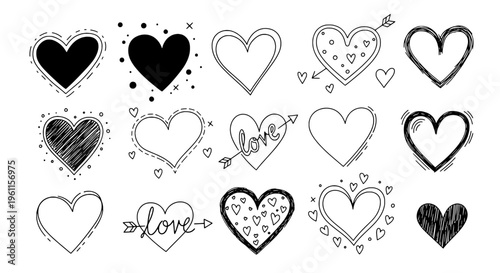 Hearts doodle drawn by hand with grunge scrawls, love symbols, and black ink textures. featuring illustrations, vector, graphics with icons and