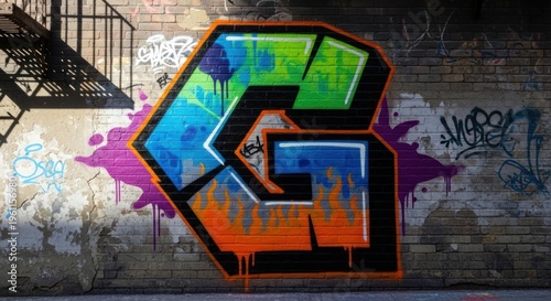 A graffiti mural with the letter 'G' in vibrant colors on a brick wall. The urban art style features bold, colorful graffiti tags.