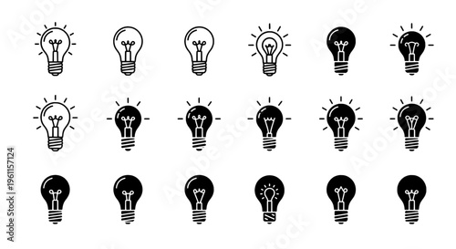 Light bulb icons set with black and white designs, various styles and states, including filled and outlined bulbs with rays.