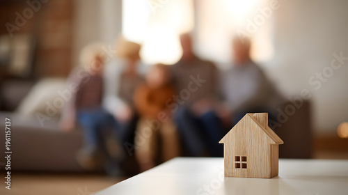 Wooden house miniature on table with blurred family in background, symbolizing home ownership, real estate dreams, and financial planning for future generations