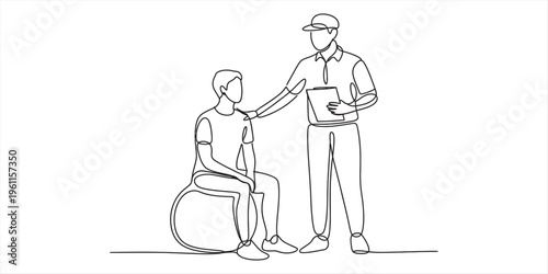 Healthcare professional assisting disabled patient with medical paperwork