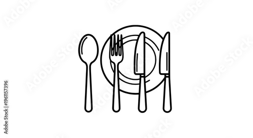 Utensils table setting with plate, fork, knife, and spoon featuring dining, eating, meal with food and service elements for flatware, cutlery