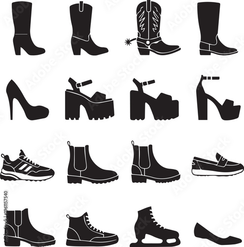 Assorted cowboy boots, high heels, sneakers, and loafers on checkered background