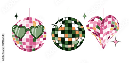 Groovy Disco Ball Set with Heart Sunglasses and Melting Heart Disco Ball in Retro 70s Style. Vector