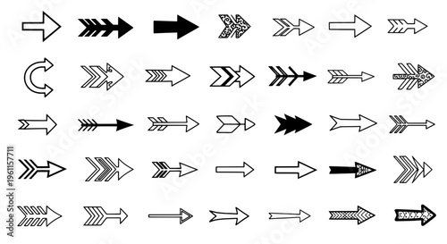 Arrows hand drawn set with black curved lines and various patterns on white background featuring vector, illustration, icons with signs and symbols
