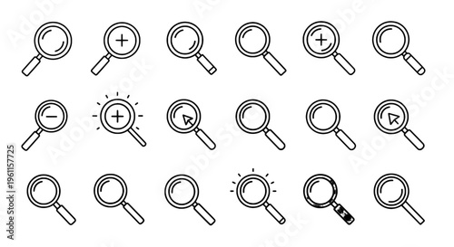 Magnifying glass line icon set with various search symbols and signs, including plus and minus, on white background