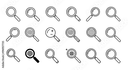 Magnifying glass icon set with various styles and grid patterns for search and inspection featuring magnify, zoom, investigation with detective and