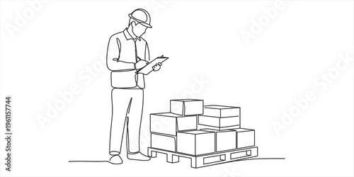 warehouse worker checking inventory on clipboard with boxes on pallet