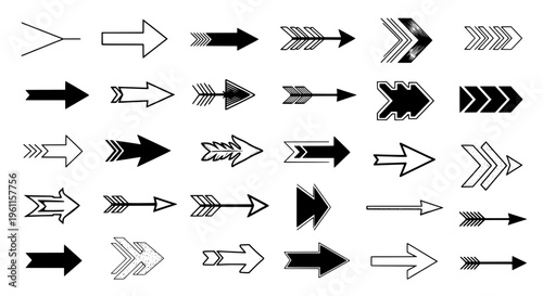 Arrows hand drawn set with black curved lines and pointed tips on white background featuring vector, illustration, graphic resources with design