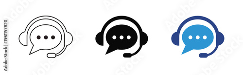 A set of customer support icons featuring headsets with speech bubbles in different colors, suitable for use in marketing materials, websites, or applications.