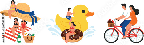 Summer Vacation Activities Set with Beach Picnic, Bicycle Ride, and Fun Water Float Scenes Cartoon Vector Illustration