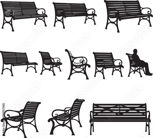 Collection of park benches and outdoor seating, including single person chair, metal frames, black silhouette