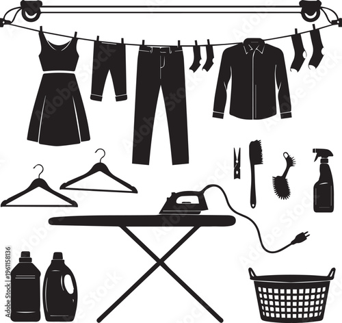 Laundry and garment care silhouettes featuring clothes on line ironing board cleaning supplies and hangers for domestic chores