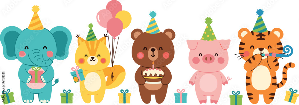 Fototapeta premium Cute Animal Birthday Party Set with Elephant, Cat, Bear, Pig, Tiger, Balloons, Gifts, and Celebration Cartoon Vector Illustration