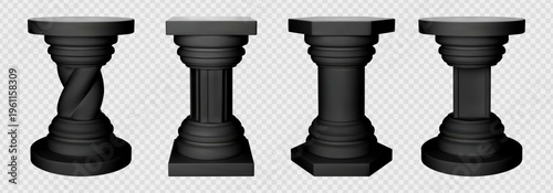Black pillar and hexagon plinth column with podium. Concrete roman trophy stand. Greece ancient platform mockup for exhibit illustration. Luxury cylindrical product pedestal block and museum surface