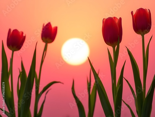Red Tulips Silhouetted Against Bright Sunset Sky with Glowing Sun