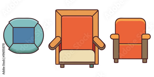Furniture top view icon pack featuring chairs and seating silhouettes. Ideal for interior design and architectural planning..