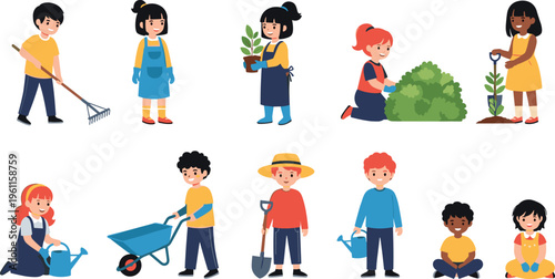 Kids Gardening Activities Set with Children Planting, Watering, Raking, and Caring for Plants Outdoor Cartoon Vector Illustration Collection
