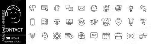 Contact line icons set. Contact icon.  Support, message, phone, globe, point, chat, call. Editable stroke. Vector illustration