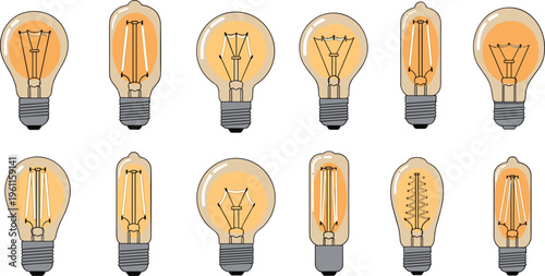 Vintage Edison Light Bulb Set with Different Filament Designs Retro Lighting Vector Collection Isolated on White Background