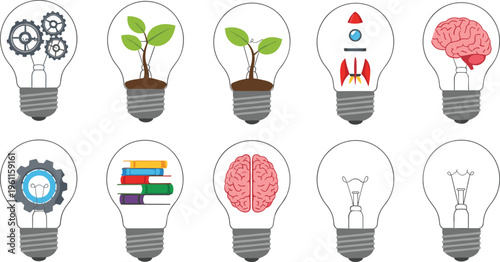 Light Bulb Concept Icon Set with Brain Plant Rocket Gear and Knowledge Symbols Creative Idea Vector Collection Isolated on White Background