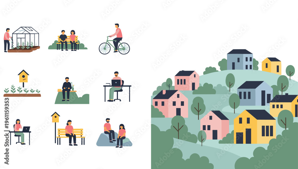 Fototapeta premium Community Lifestyle and Neighborhood Scene Set with People Working, Cycling, Gardening, and Colorful Houses Landscape Cartoon Vector Illustration
