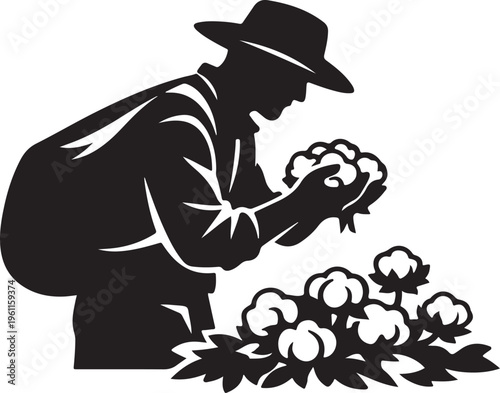 Farmer picking cotton bolls, solid black.