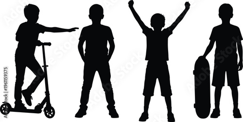 Set of boy silhouettes including children playing with scooter and skateboard plus happy kids isolated on white background for lifestyle design