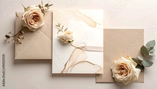 Elegant beige stationery flat lay featuring roses, leaves, and abstract art