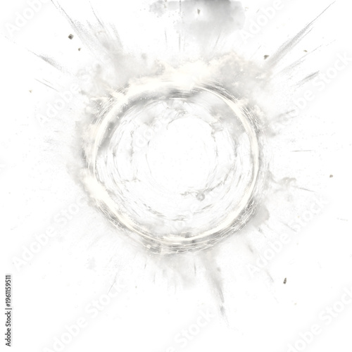 White circular energy explosion with smoke and debris on transparent background