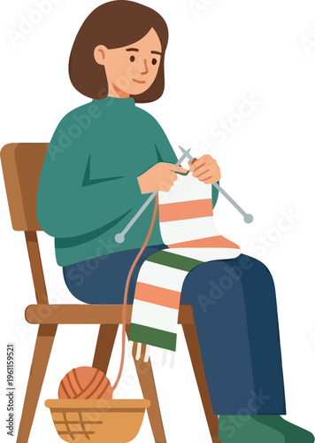 Relaxed person gently knits warm striped garment using needles and yarn.