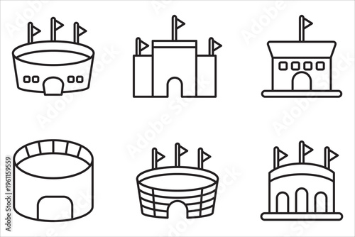 A collection of icon designs for football fields and sports stadiums. White line icons. Ideal for sports and entertainment themes. Symbols with a black background are editable.