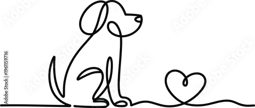 Dog Sitting Next to Heart Symbol Single Line Drawing Minimalist Pet Love Concept Stock Illustration