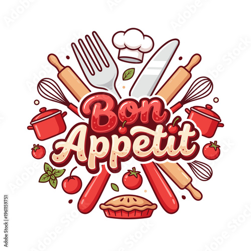 "Bon Appetit" lettering with cooking utensils and food
