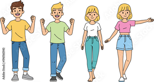Set of cheerful young people characters including boys celebrating with fists raised and girls walking or gesturing in casual clothing.