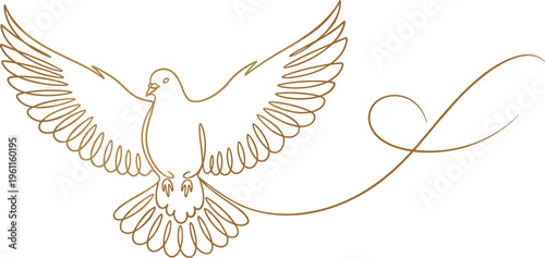 Continuous line drawing of flying dove with decorative flourish, peace freedom spirituality symbol, elegant vector illustration isolated on white background