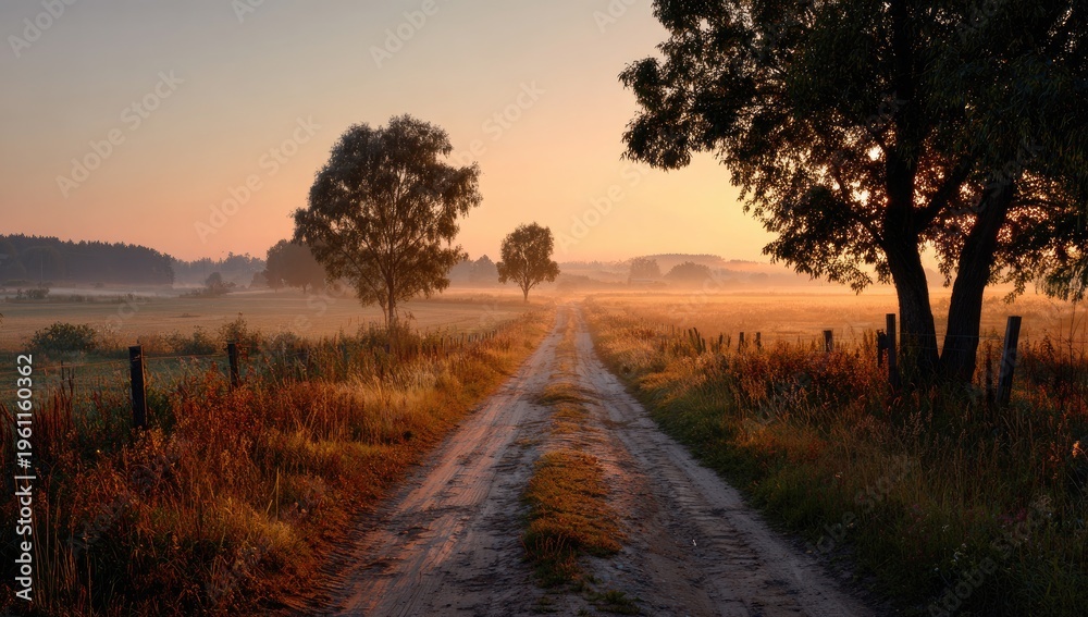 Fototapeta premium Serene Country Road at Sunrise with Mist and Trees.