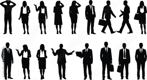 Silhouettes of business professionals in formal attire, standing, walking, gesturing, holding briefcases, isolated black vector icons on white background