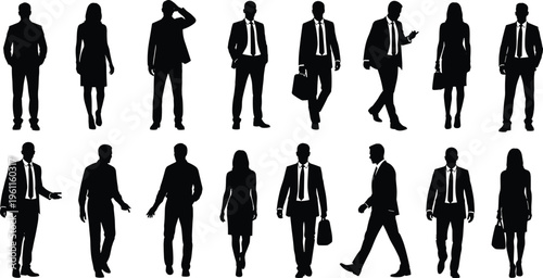 Silhouettes of business professionals in suits and dresses, standing, walking, using phones, holding briefcases, isolated black vector icons on white background