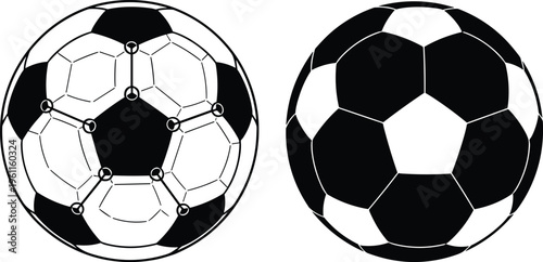 Soccer ball illustration comparing geometric polygon structure with traditional black and white design, sports vector icon isolated on white background