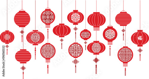 Traditional Chinese red lanterns with tassels and decorative patterns, cultural festival symbols, fortune and good luck vector illustration design