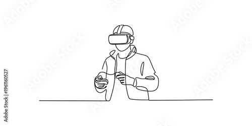 Continuous line drawing of a man wearing a virtual reality headset and using hand controllers