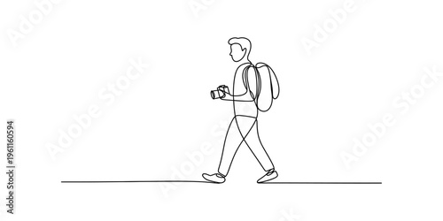 Continuous line drawing of a young man with a backpack and camera walking on a journey