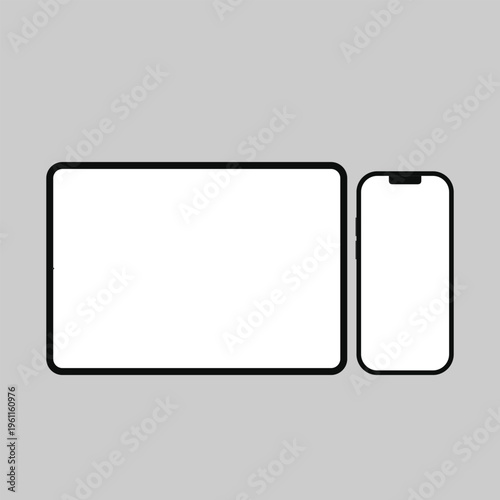 A simple graphic illustration of a tablet and smartphone on a gray background
