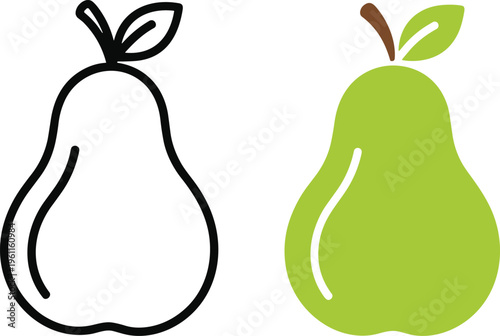 Fresh green pear fruit vector illustration with brown stem and leaf including a black and white line art icon version.