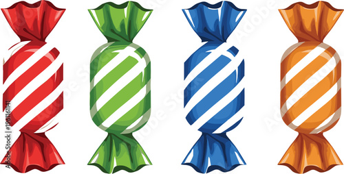 Set of colorful striped wrapped candies including red, green, blue, and orange sweets for party, birthday, and dessert shop design.