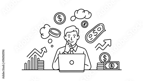 Businessman Thinking About Money Line Illustration Set – Finance Concept Outline Collection