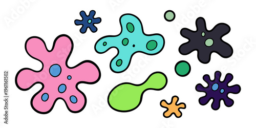 Vector abstract blob shapes set. Irregular organic element kit. Amoeba splotches. Liquid uneven spots. Asymmetric fluid splodge forms. Amorphous blob black silhouettes collection on white