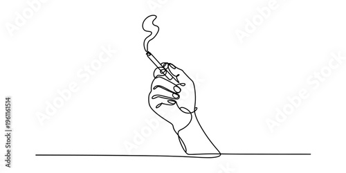 Continuous line drawing of a hand holding a smoking cigarette against a white background. Vector, illustration