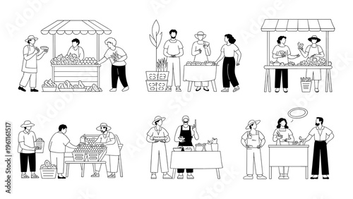 Farmers Market & Street Bazaar Line Art Pack – Social Interaction Outline Scenes